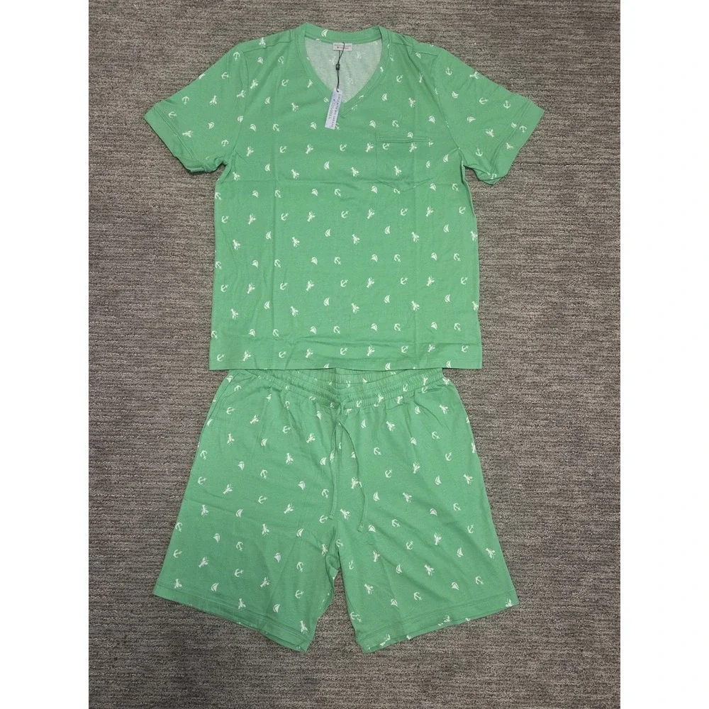 Cosabella Mens Road Trip Lounge Set Green Nautical Anchor Lobster Print Large